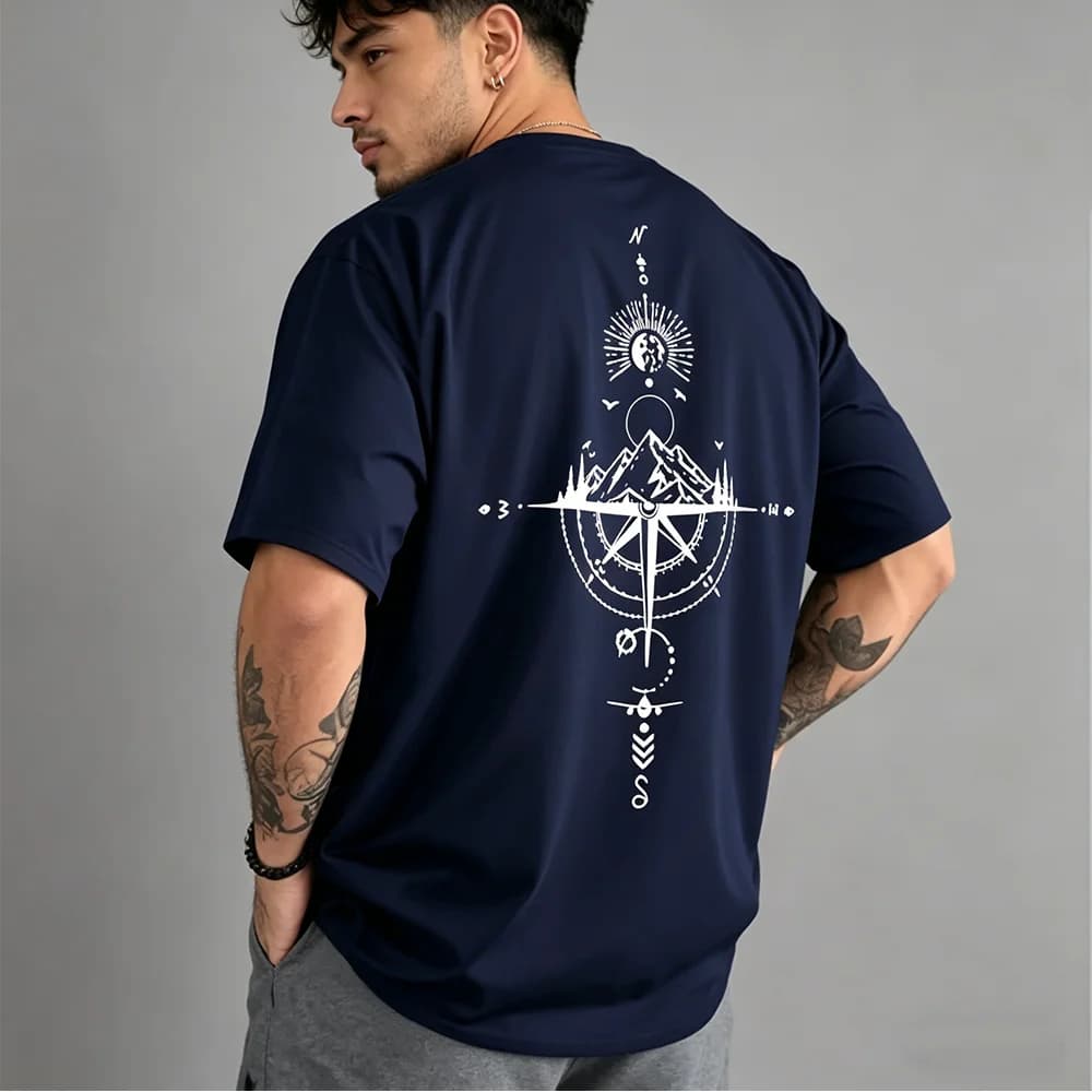2026 New Original Design Summer Men's 100% Cotton Casual Sports Fitness Loose Retro Compass Print Crew Neck Short Sleeve T-Shirt