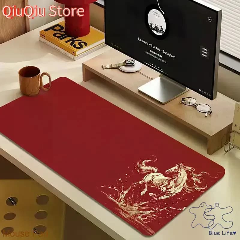 Tappetino per mouse grande cavallo rosso di Capodanno Atmosfera festosa Tappetino da polso Tappetino da tavolo durevole antiscivolo per la casa