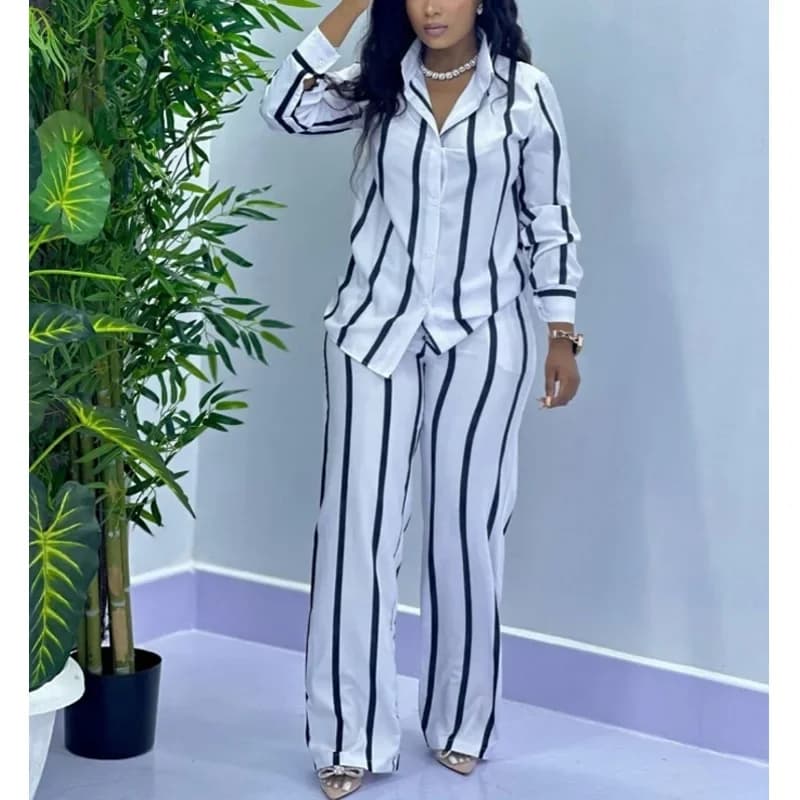 Women's Fashion African Striped Striped Set Spring Autumn Casual Shirt Long Sleeved With Broad Leg Pants Button Set Two Piece Women's