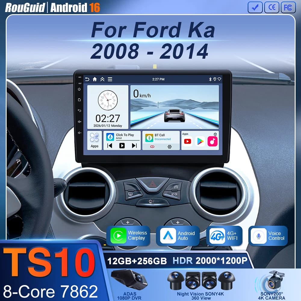 Autoradio Android 16 con Carplay per Ford Ka 2008-2014, Lettore Multimediale Video, Navigatore GPS, Schermo Touch QLED, 4G DSP