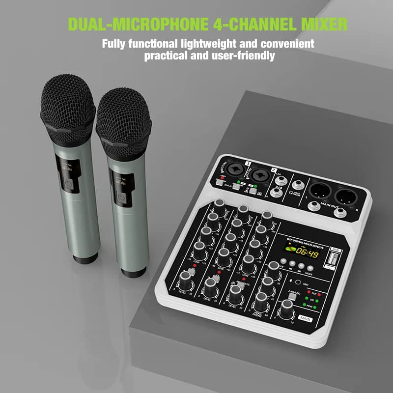 4-Channel Audio Mixer Console with Wireless Microphone Kit Bluetooth USB Audio Interface,for DJ Karaoke PC Guitar