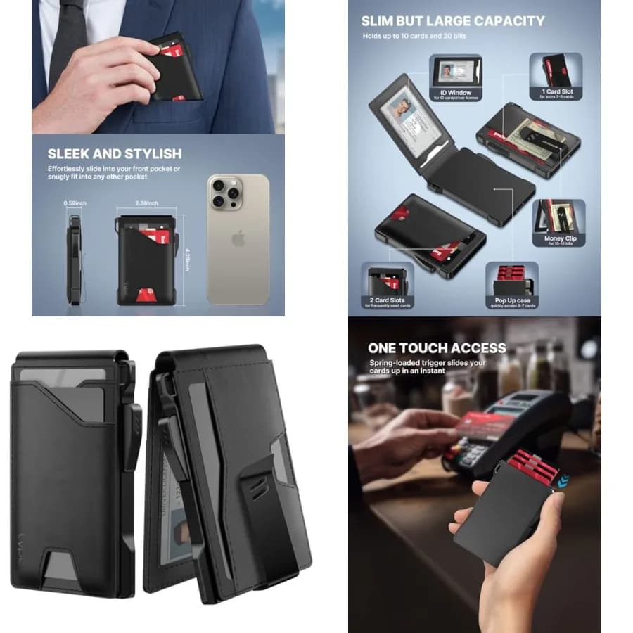 Portafoglio tattico da uomo: porta carte di credito a scomparsa, in vera pelle, intelligente, con blocco RFID, sottile, minimalista, con tasca frontale