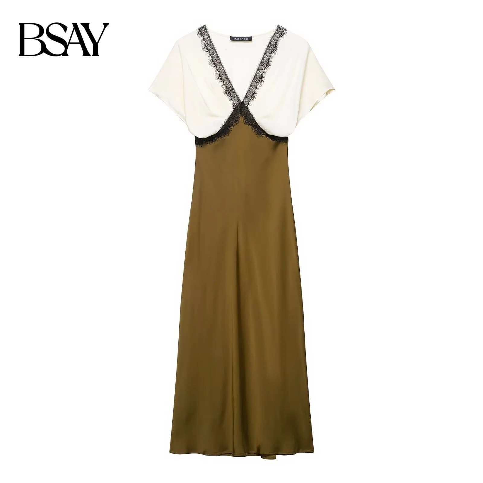 BSAY women's V-neck short sleeved autumn new item 2025 contrasting lace silk texture MIDI dress long French evening dress