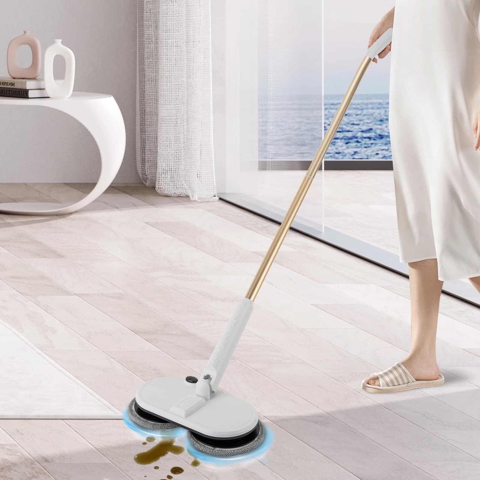 Cordless Spin Mop with Rechargeable Lithium Battery Adjustable Height with 4 Pads Use for Home Cleaning