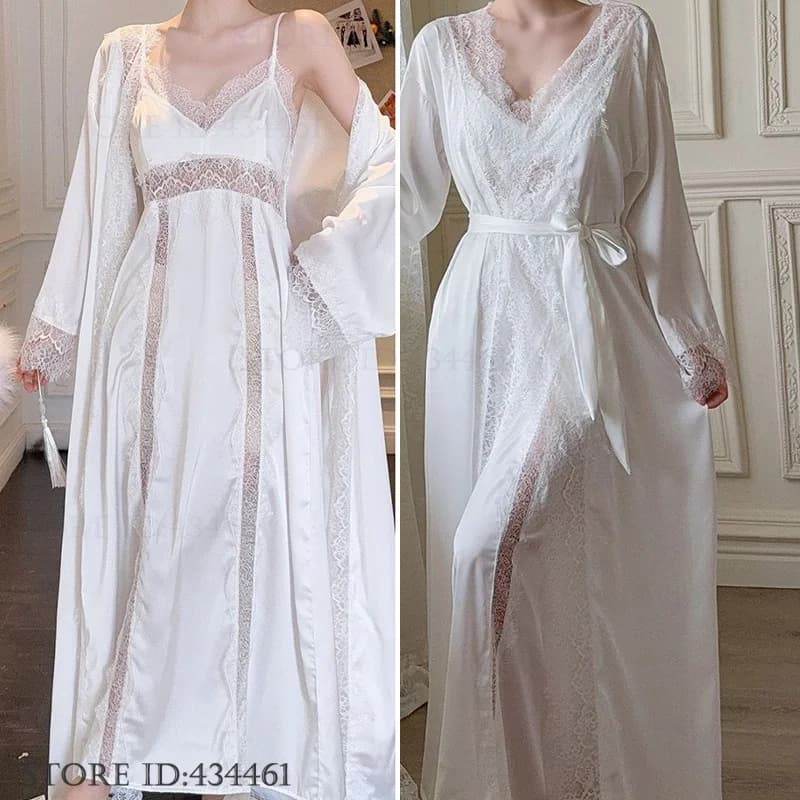 Set di vestaglia lunga da donna Twinset Set di vestaglia sexy in pizzo Accappatoio da sposa Abito kimono Indumenti da notte Elegante camicia da notte in seta di ghiaccio Pigiama Homewear