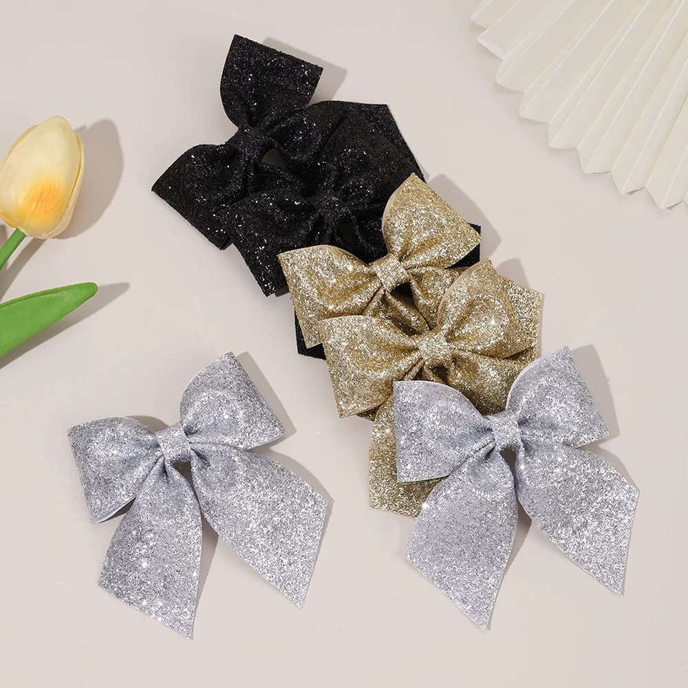6Pcs Sparkling Bow Hair Clips For Girls Premium Gold Black Silver Sequin Hairpins Daily Ponytail Headdress Hair Accessories