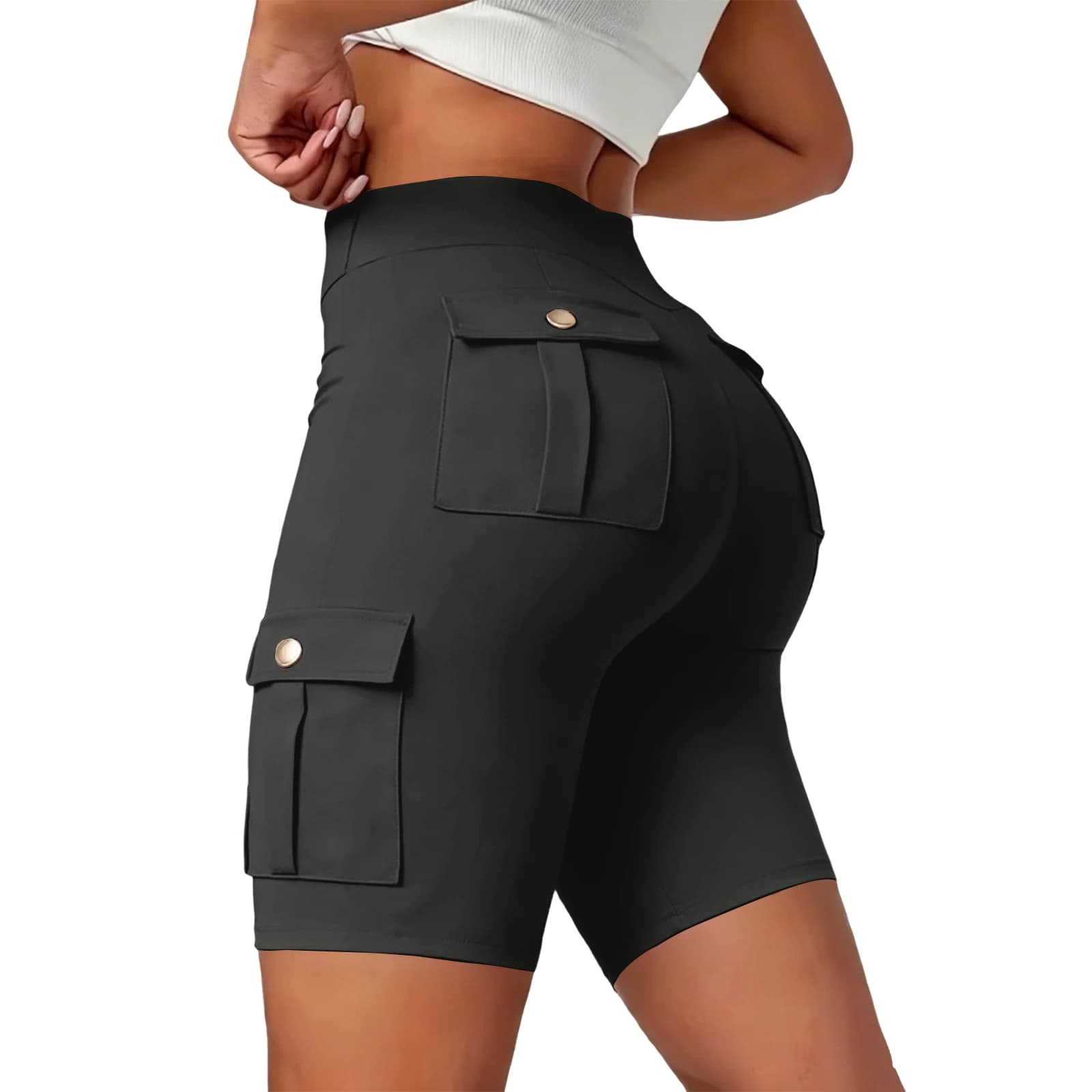 Women's High-waisted Butt-Lifting Yoga Shorts with Button Pocket Tight Elastic Slim Fitness Shorts Cycling Shorts Sports Shorts