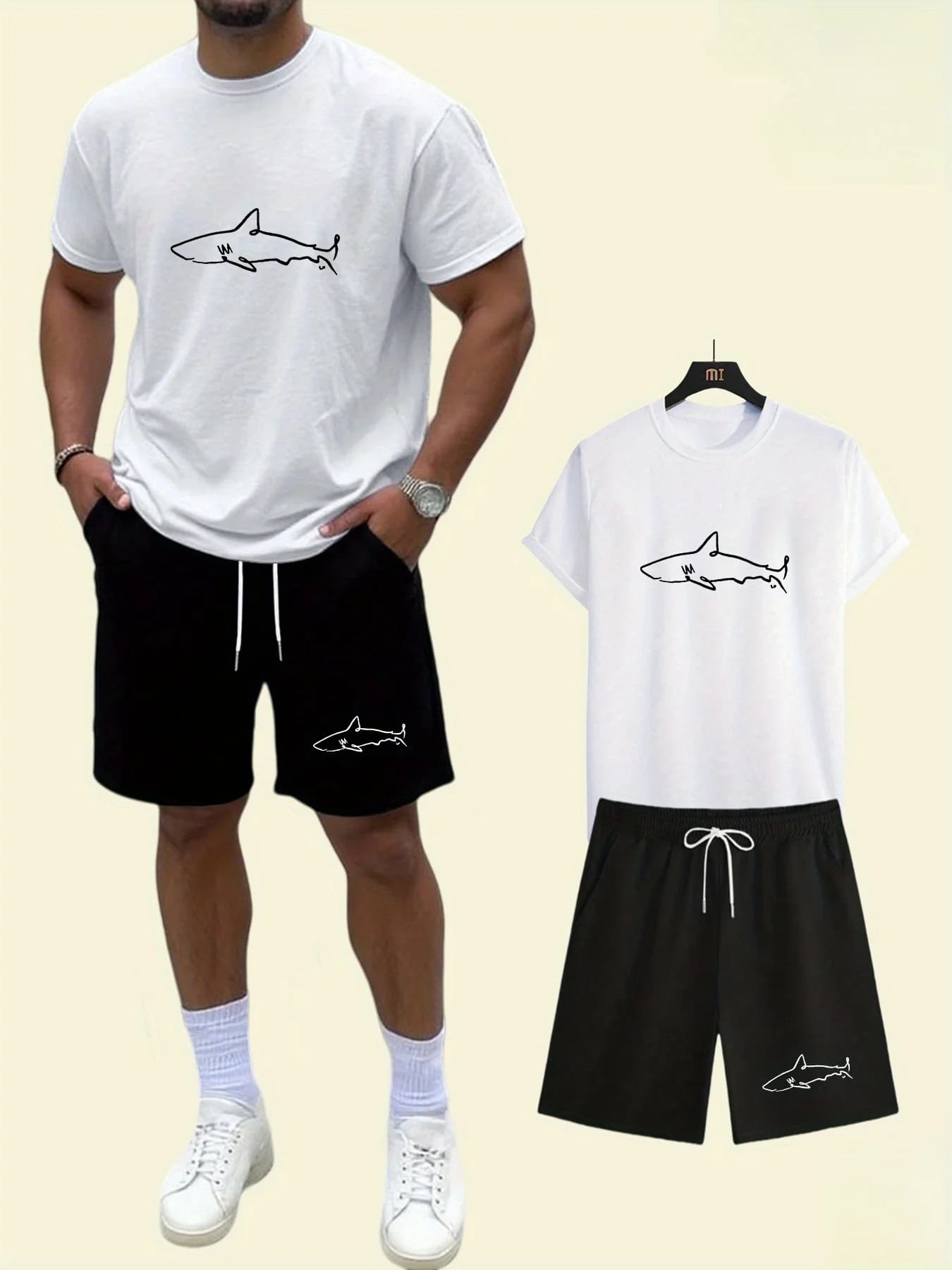 Men's Minimalist Shark Line Print Tracksuit Summer Streetwear White Tee and Black Shorts Set Casual Two Piece Outfit