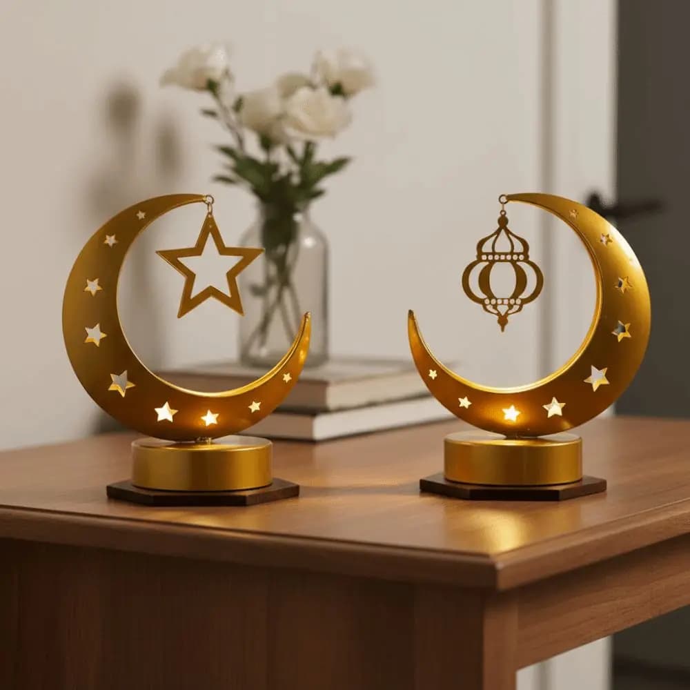 Metal Table Lamp with Artistic Design for Ramadan, Eid Mubarak Iron Lamp Star and Mezzaluna Shape, Golden Moon Ornament