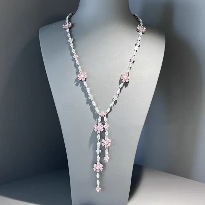 Bellux High Quality 925 Sterling Silver Pink Flower Zirconia Gemstones Necklace For Women Party Wedding Fine Jewelry Wholesale