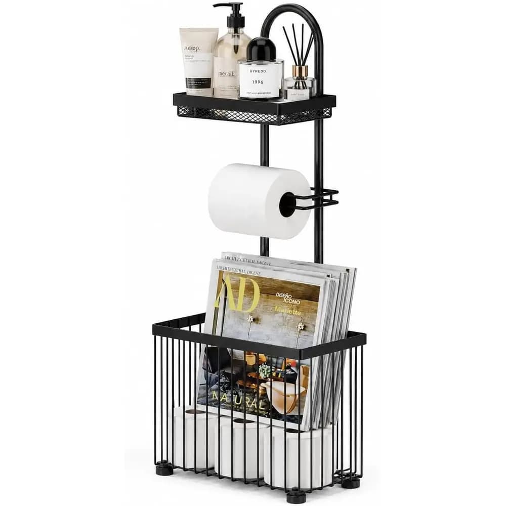 Toilet Paper Holder Tissue Rack Scroll Stand Roll Dispenser with Storage Shelf Reserve or Tablet Magazine Bathroom Organizer Bat