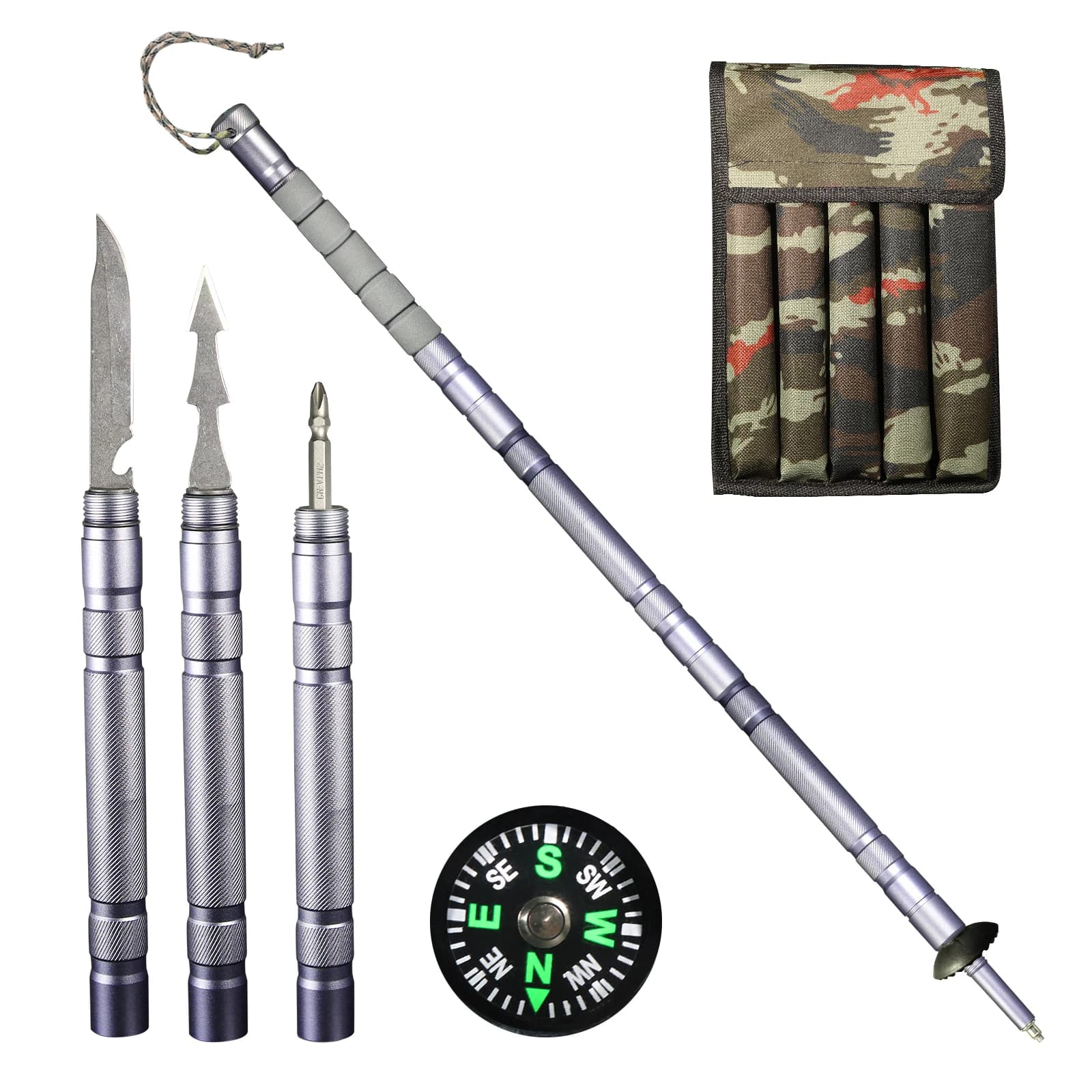 Multi-functional Survival Tool Dismountable 5 Sections Aluminum Alloy Hiking Stick, Trekking Poles, Outdoor Survival Tool Kits