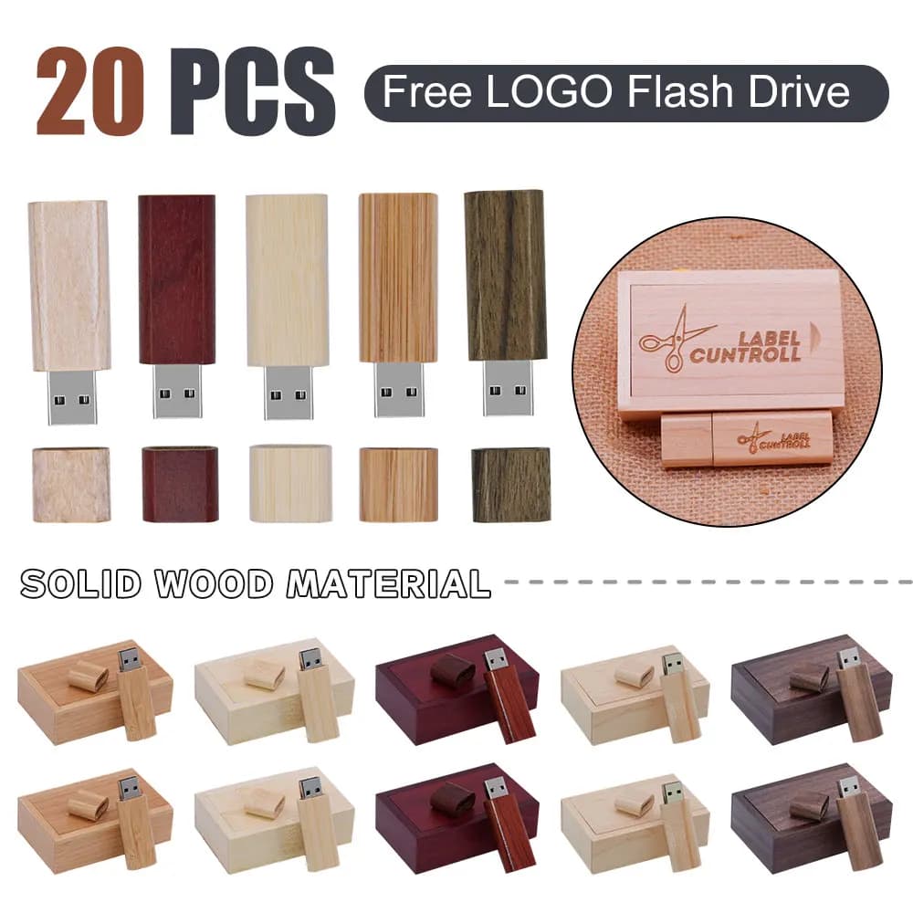 20 Pezzi USB Flash Drive con Logo Personalizzato Gratuito, Chiavetta USB, Dispositivo di Archiviazione, Pendrive 128GB 64GB 32GB 16GB, Scatola in Legno, U Disk