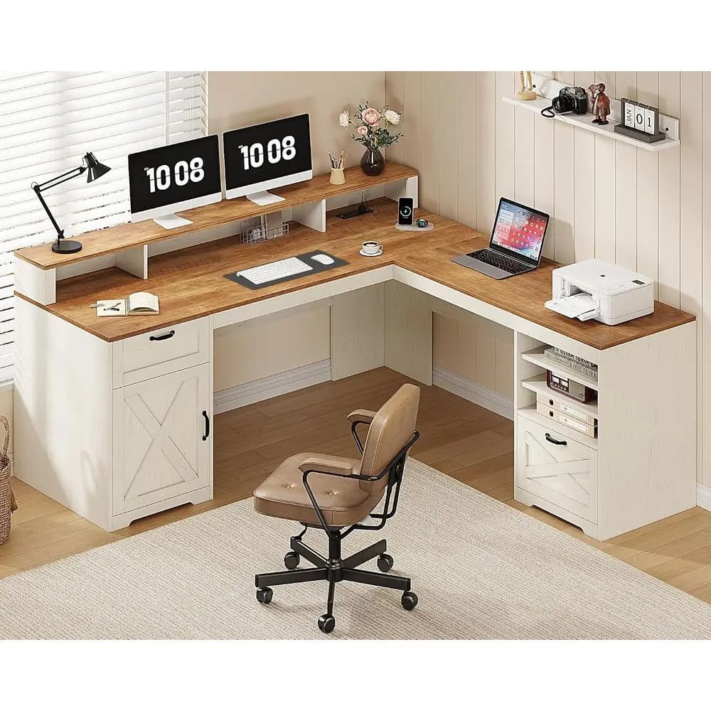 63 L-Shaped Desk with Drawers, Storage Shelf, Power Outlets, and Long Monitor Stand, Brown & White Home Office Desk