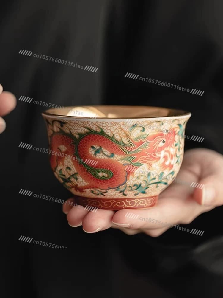 Teacup Enamel Gilt Dragon and Phoenix Pair Cup Tea Cup, Household