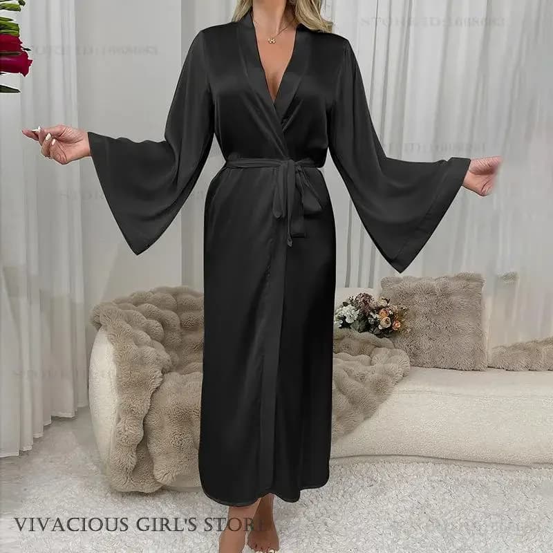 Black Silk Satin Long Night Shirt Night Shirt Autumn Spring New Dress Kimono Dress Sexy loose house watch Elegant pajamas