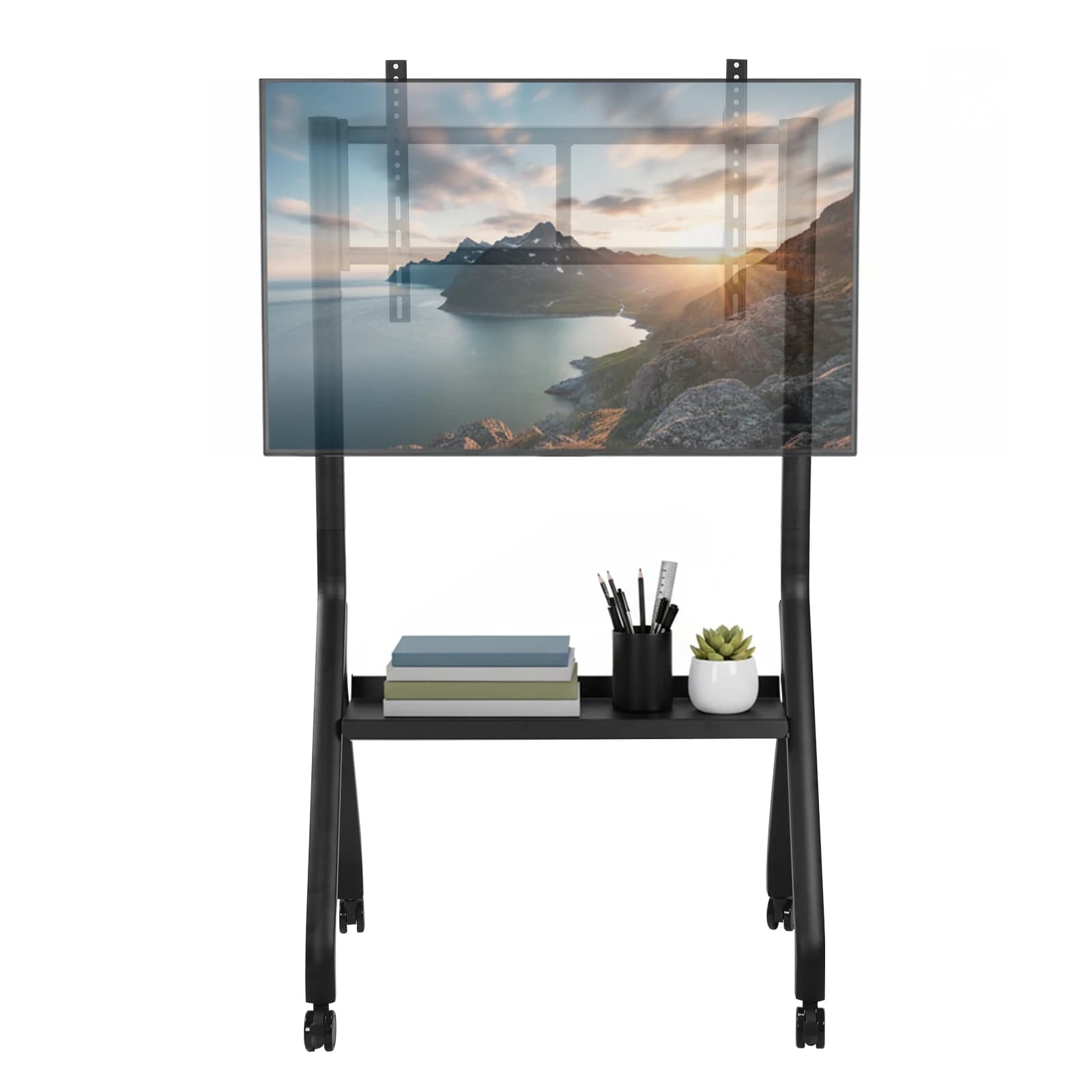 Supporto TV con Ruote per Schermi da 42-75 Pollici, Altezza Regolabile, con Ripiano per Laptop, per Schermi Piatti/Curvi