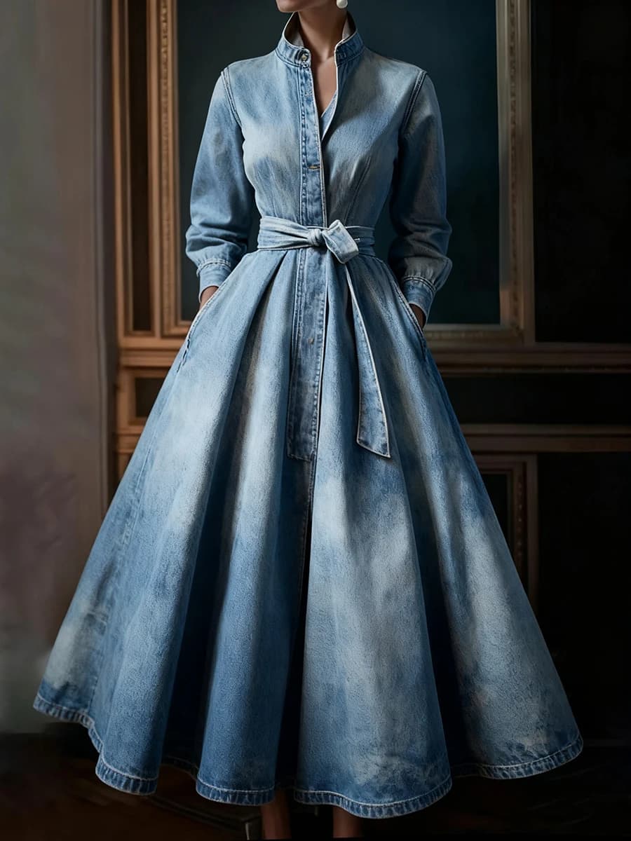 Elegante Abito Lungo in Denim Azzurro per Donne, Colletto Alto, Maniche Lunghe con Tasche e Cintura Plissettata, Vestito da Sera per Feste