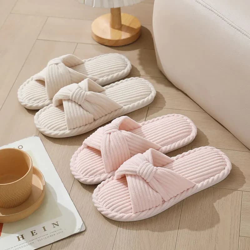 Women's Velvet Home Slippers with Cross Strap Anti-slip Cotton Inner Shoes with Open Tip Bed Slippers Light and Comfortable Women's