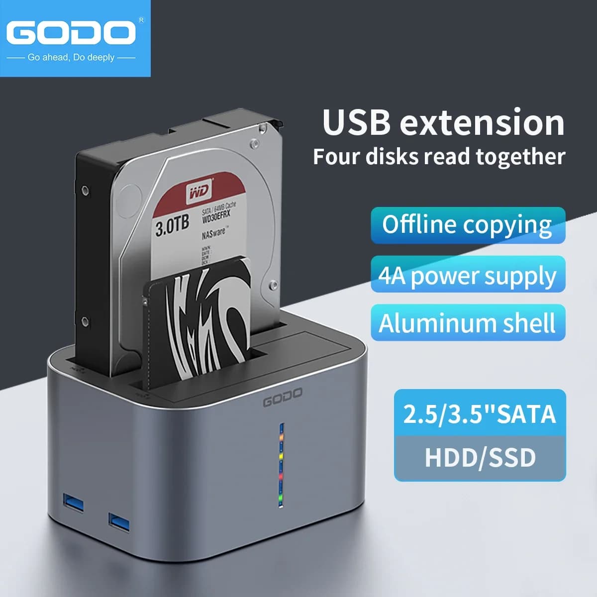 Docking station GODO USB 3.0 e HDD/SSD di tipo C per unità SATA da 2,5/3,5 pollici, indicatore LED - Trasferimento rapido dei dati