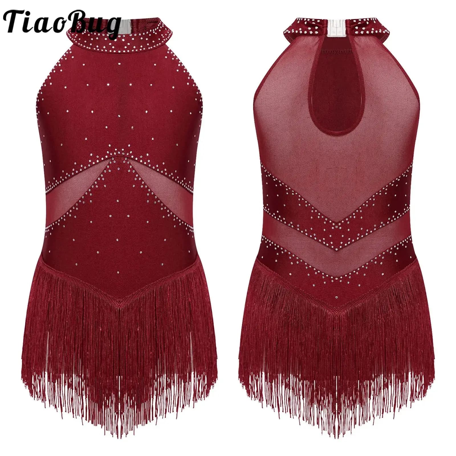 Bambini Ragazze Balletto Ginnastica Body da ballo con frange Vestito Strass scintillanti Maglia trasparente Pattinaggio su ghiaccio Body Dancewear