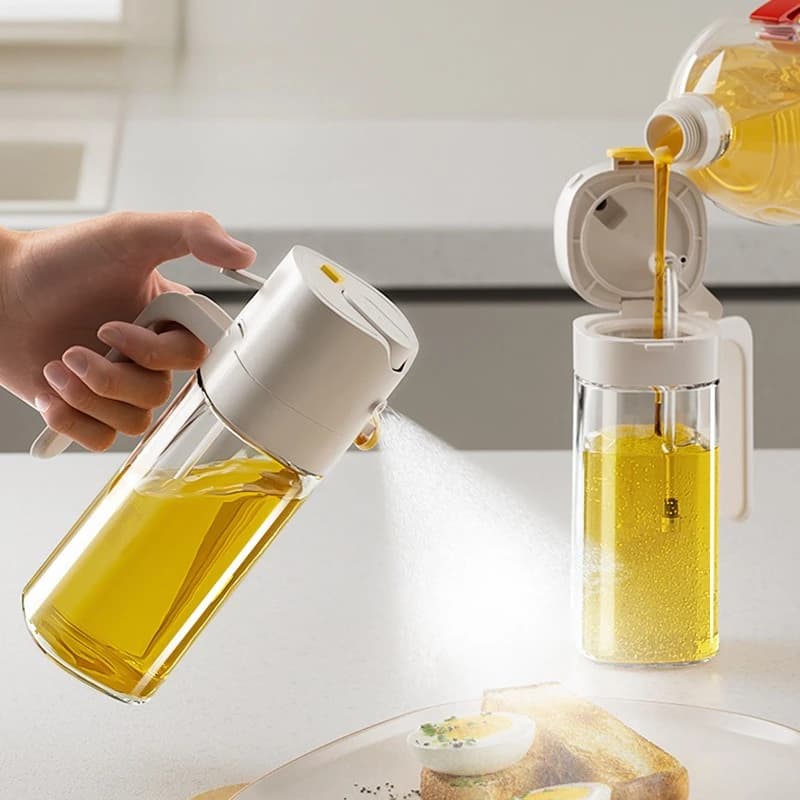 Pentola per olio Spray Versamento Pentola per olio a doppio uso Cucina Domestica Atomizzazione dell'olio non sospesa Bottiglia spray in vetro integrata Bottiglia di olio