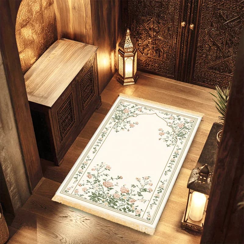 Tappeto da Preghiera VIKAMA con Motivi Floreali, Base Bianca, Tappetino per Culto con Nappe Bianche, Tappeto Islamico per Casa e Camera da Letto