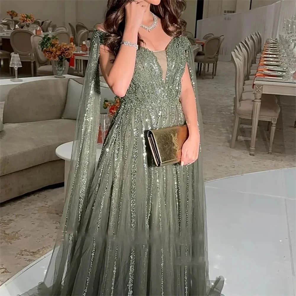Abiti da sera formali con scollo a V verde Abiti da ballo con pieghe di paillettes Abiti da festa di compleanno con spalle scoperte a-line senza maniche personalizzati