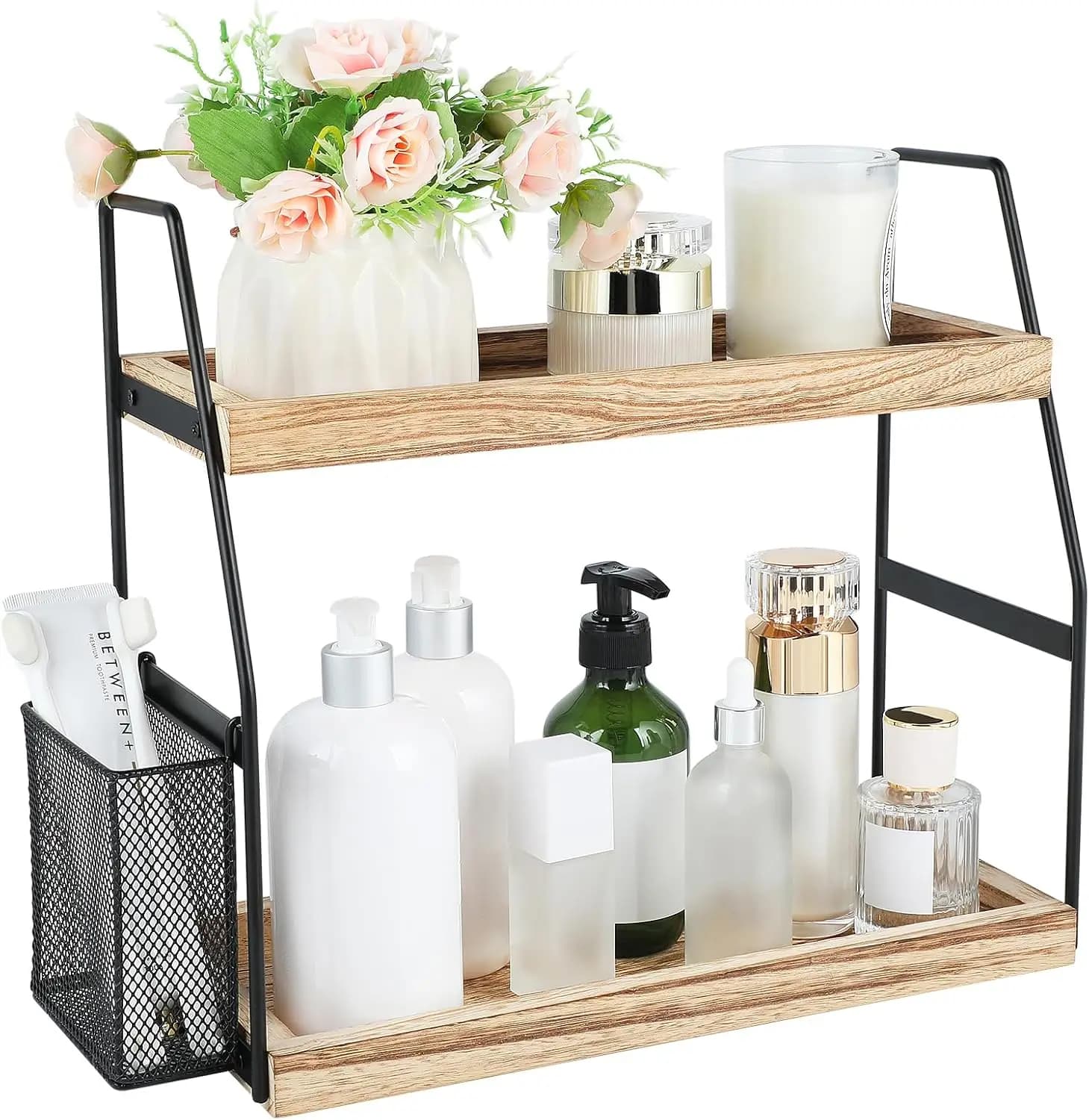 Organizer da Bagno a 2 Livelli in Legno con Cestino, Scaffale Portaoggetti per Cosmetici