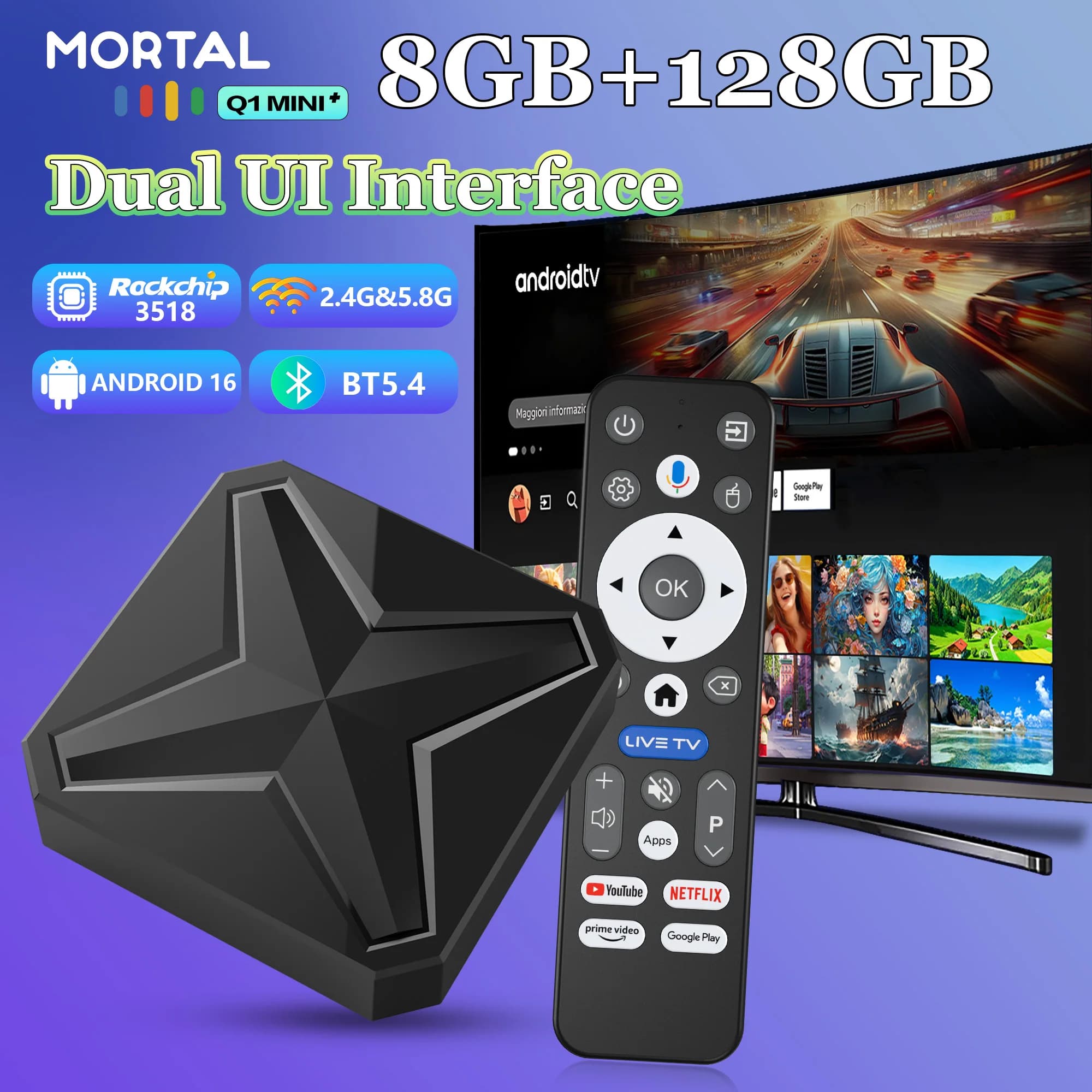2025 Nuovo Android 16 Versione Globale TV Box Q1 MINI + Doppia Interfaccia UI BT5.4 Doppio Wifi 2.4G e 5.8G Lettore multimediale con telecomando vocale