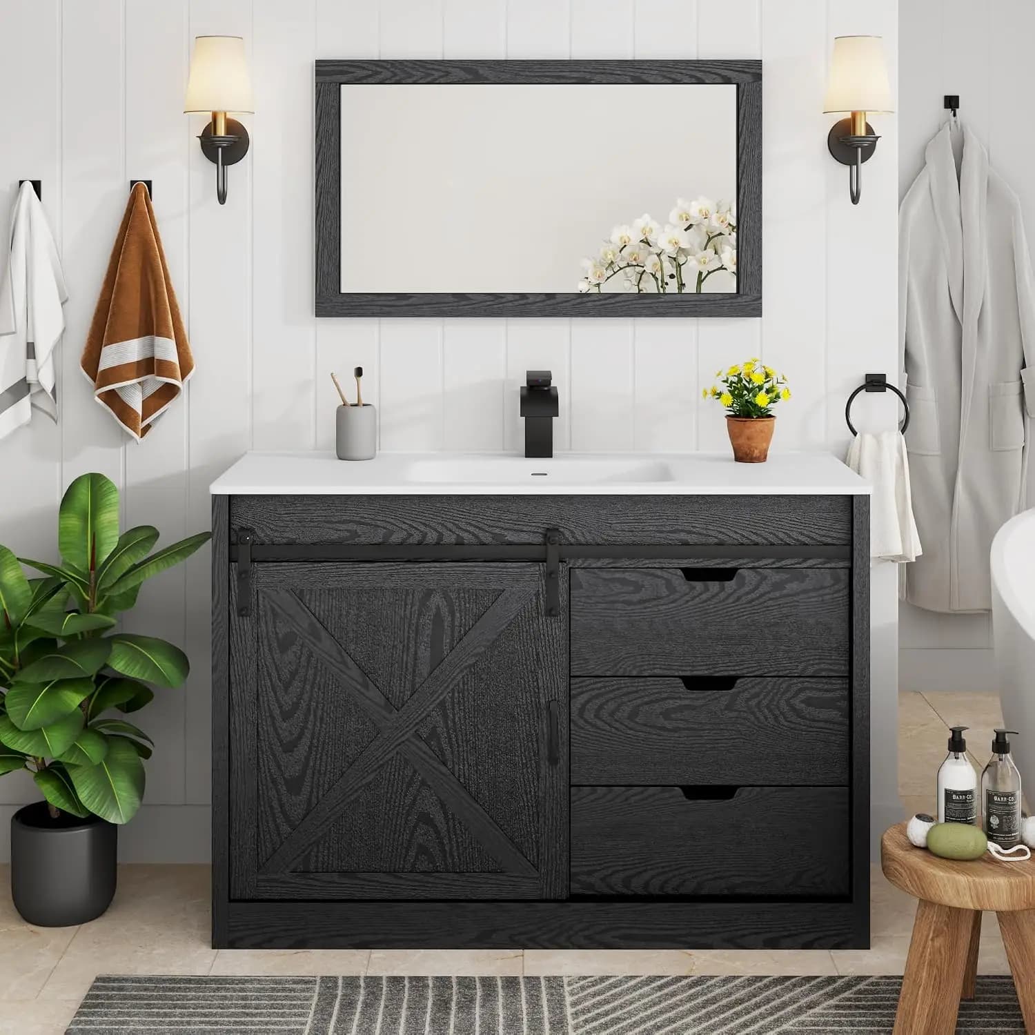 Bathroom Vanity With Sink And Mirror, Freestanding Wood Washstand Storage Cabinet Combo With Faucet And Sliding Barn Door, Modern Farmhouse Single Sink Vanity Set With Drawers, Wood Grain Black
