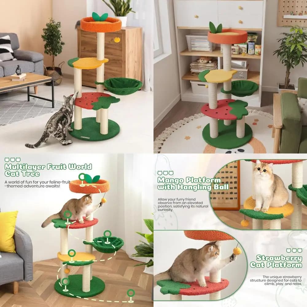 Torre per Gatti a Tema Frutta 40.5 con Pali in Sisal, Amaca e Posti Morbidi per Gattini da Interno