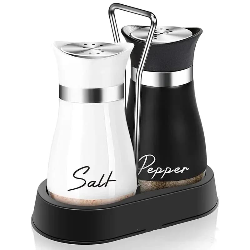 Set di 2 Dispenser per Spezie in Vetro da Cucina, Regolabili e Ricaricabili, con Ripiano e Fori di Erogazione