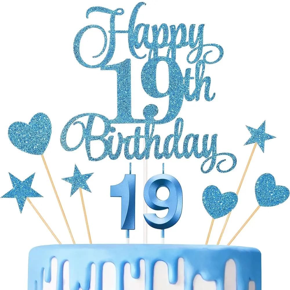 Birthday Cake Decorations, Numerical Candles and Glittered Toppers for 'Happy 19th Birthday' Pie
