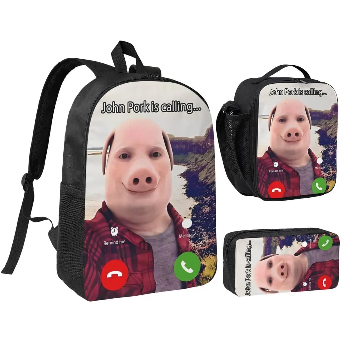 John Pork Is Calling 3pecs/set Backpack for Boys Girls High School Daypack Lunch bag Pencil Case