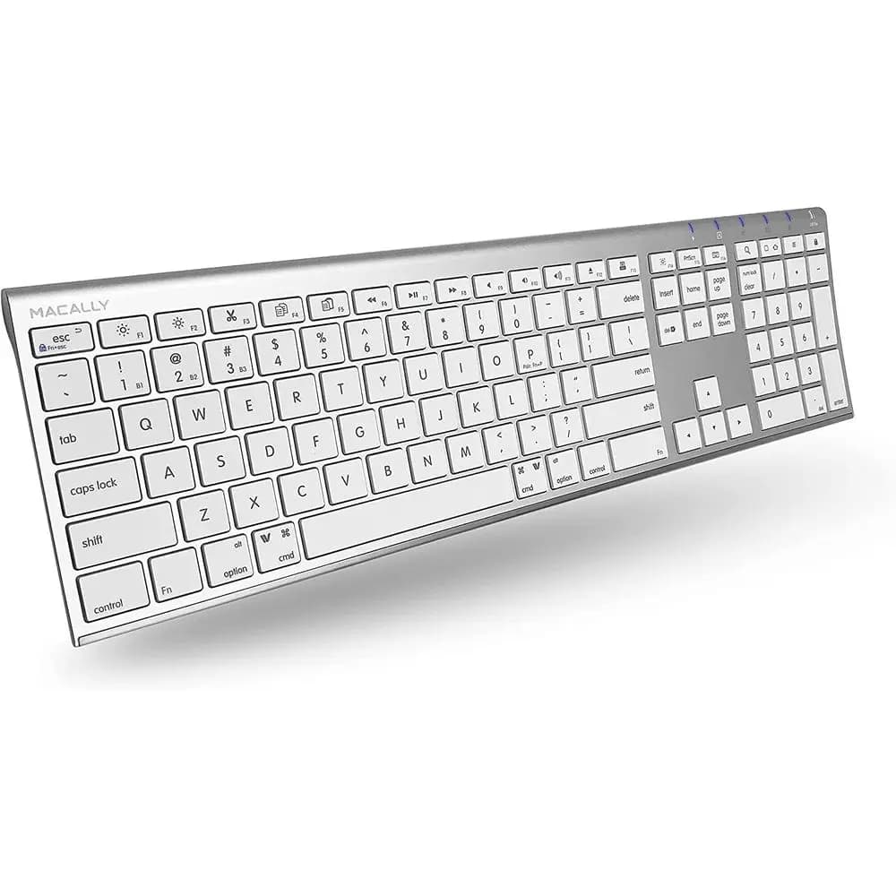 Tastiera Bluetooth multi-dispositivo, 110 tasti, 20 scorciatoie, tastierino numerico, ricaricabile, argento