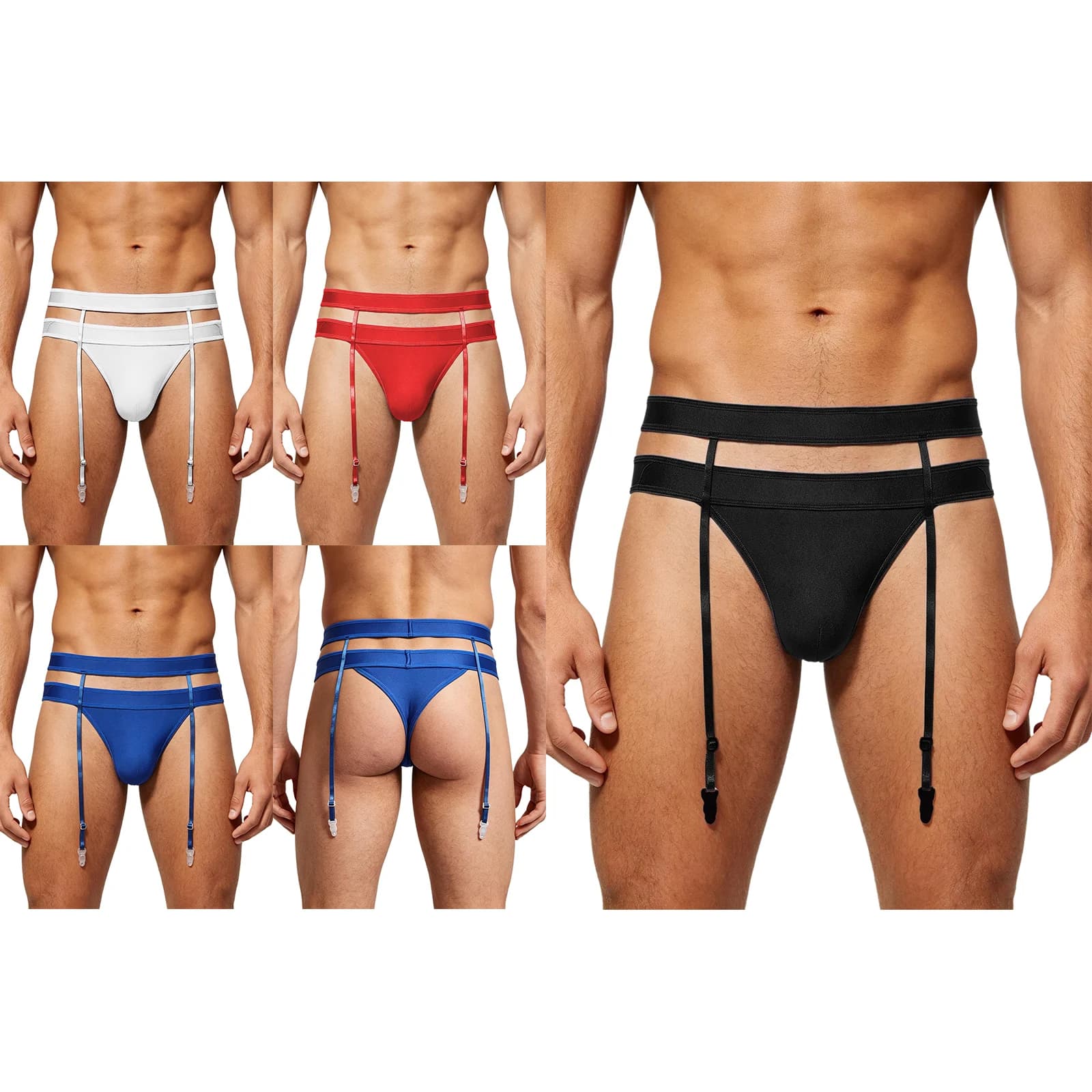 Set di lingerie da uomo con jockstrap, perizoma, slip con tasca a bomba, mutandine T-back e cintura con giartiere integrate per discoteca