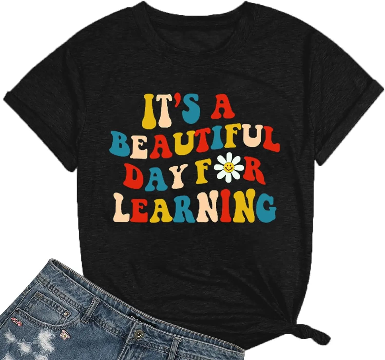 Teacher Shirts for Women It’s a Beautiful Day for Learning T-Shirt Short Sleeve Book Lovers Letter Printed Tee Tops