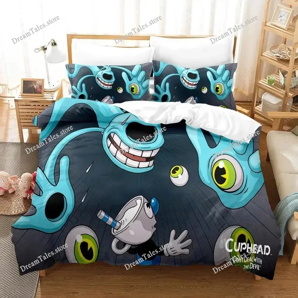 Set di Biancheria da Letto Cuphead Mugman, Singolo, Matrimoniale, Queen, King Size, Set per Camera da Letto Adulti e Bambini, Copripiumino con Stampa 3D, Lenzuola a Tema Gioco