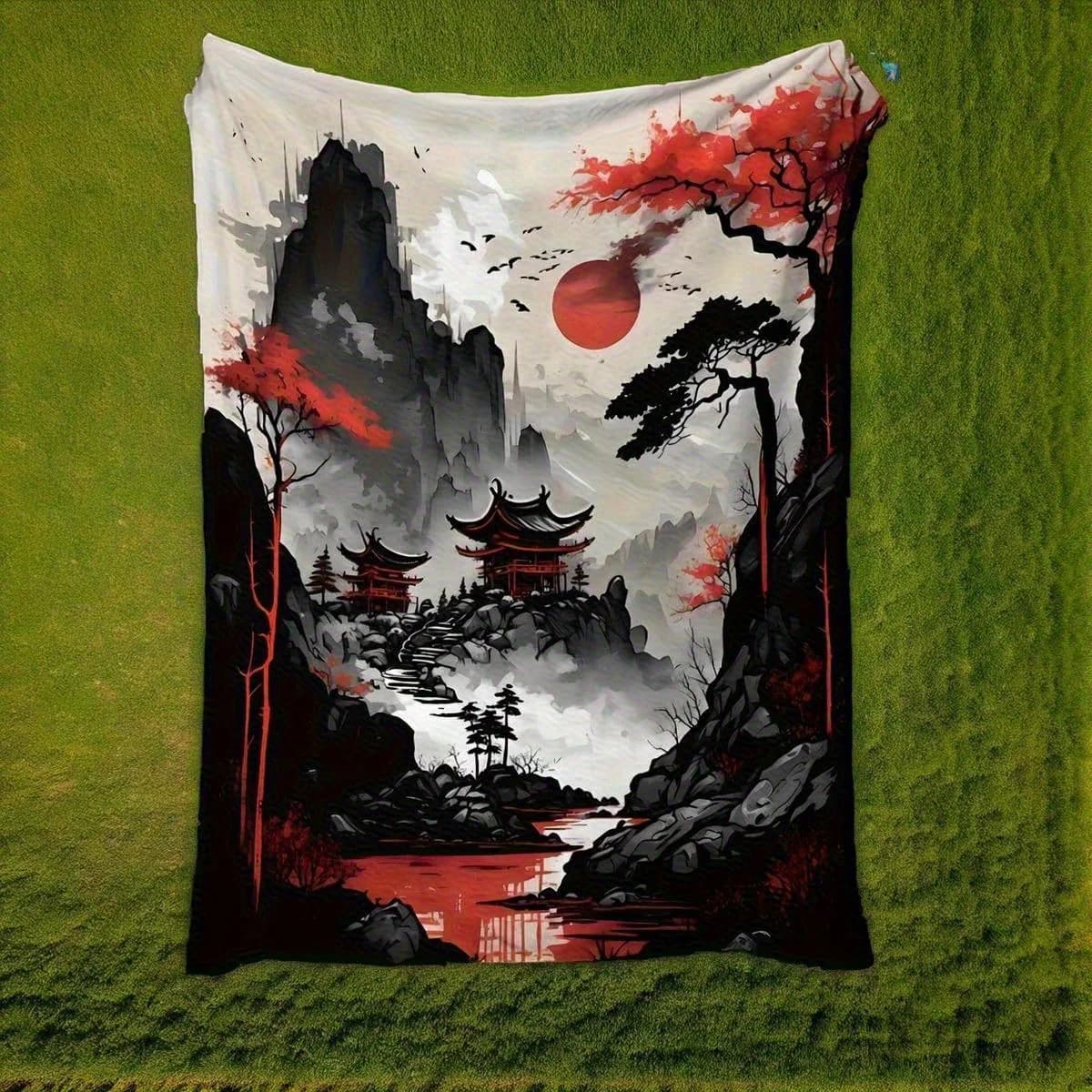 Japanese-Inspired Floral Throw - Vintage Plush Polyester, Green with Pink/White Flowers, All-Season Cozy for Sofa/Bed/Office