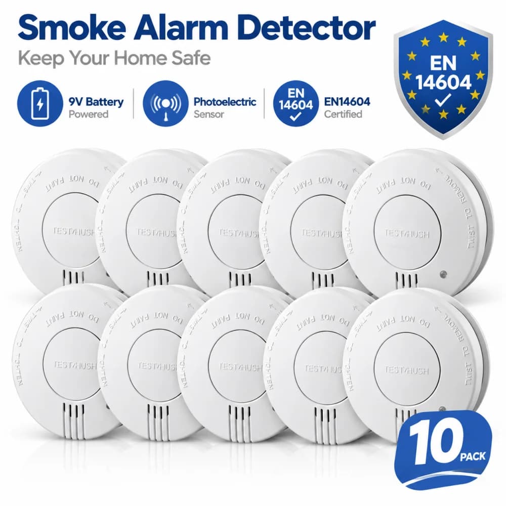 CCEsafety SA10 10 Pack Home Fire Alarm Smoke Detectors EN14604 Certified 85dB Alarm with 9V Battery for Safety Protection