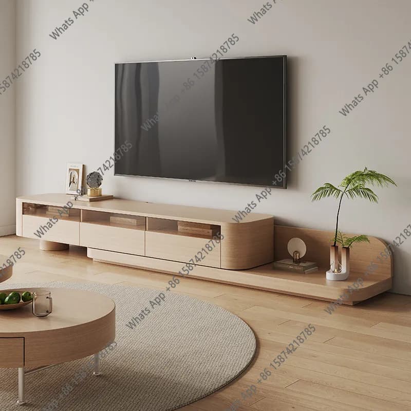 Nordic modern simple log color floor-to-ceiling TV cabinet household living room Japanese solid wood style telescopic TV cabinet