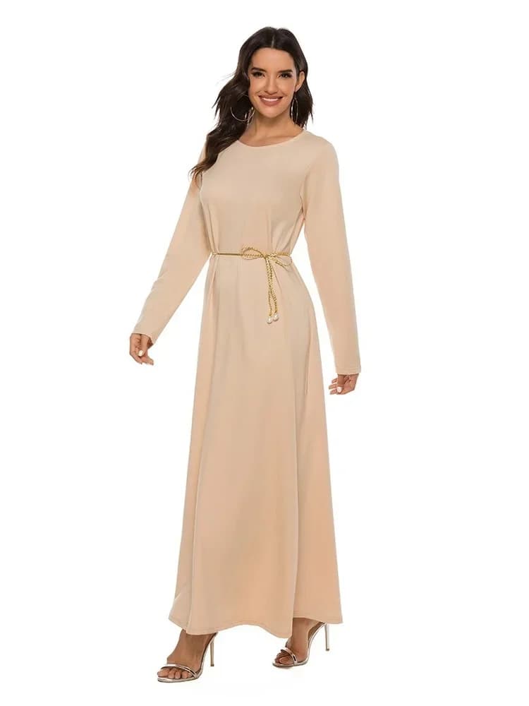 2025 New Hot Sale of Islamic Women Abaya Muslim Basic Style Solid Color A-Line Long Sleeved Dress With Random Belt For Party