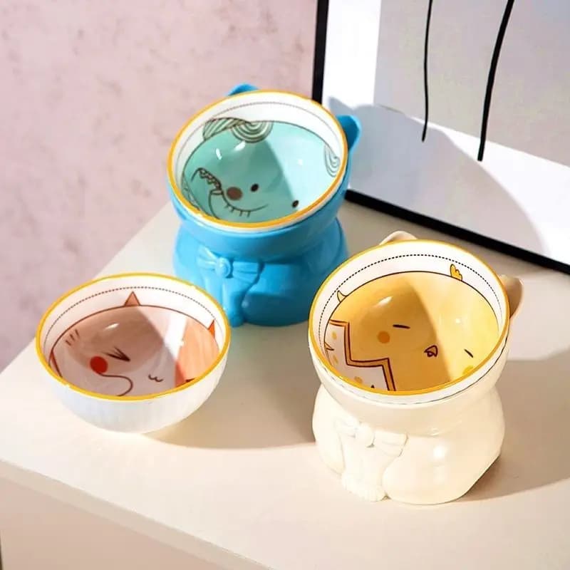 Simpatiche ciotole per gatti in ceramica con base, ciotola per cibo per gatti con protezione per il collo, bacino per bere con piedi alti, ciotola per animali domestici anti-mento nero con bocca inclinata