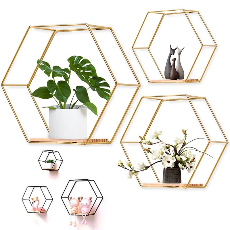 3 pz/set mensola da parete in ferro a forma esagonale ripiani decorativi in metallo con bordo in legno camera da letto soggiorno espositori artigianali