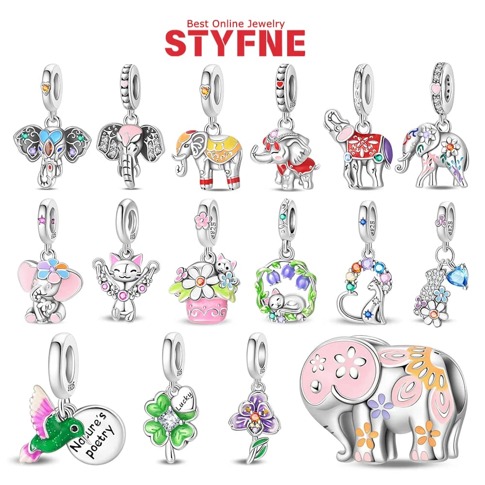 Original 925 Silver Pendants with Jump rope for pets, kitten, pink elephant, beads, pendants suitable for bracelet, birthday gift jewelry