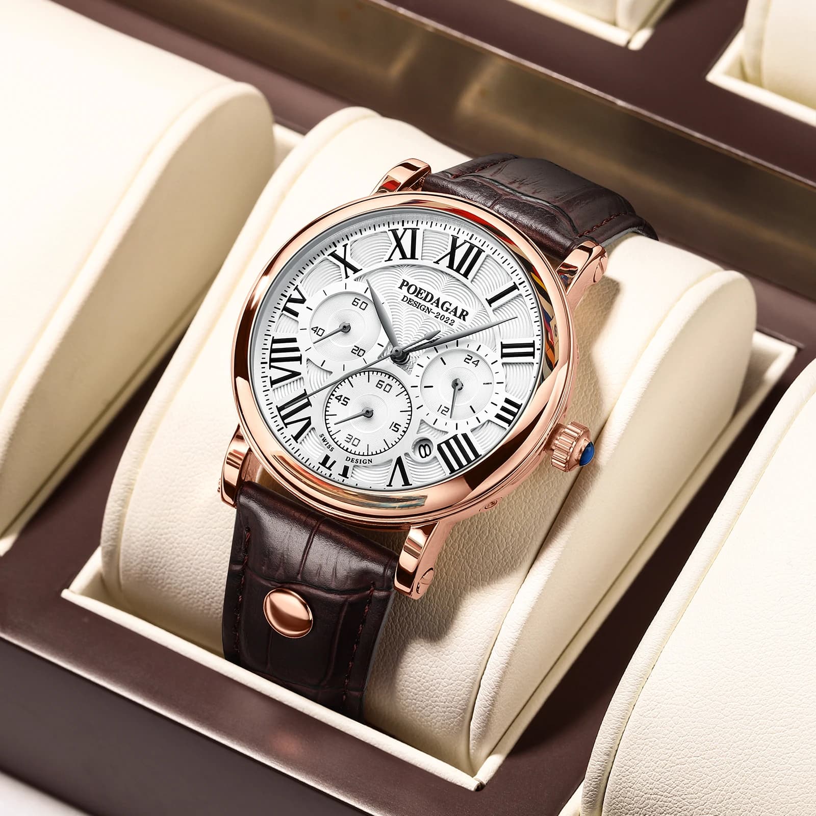POEDAGAR Top Orologi di lusso da uomo Cronografo Data Orologio da uomo al quarzo Orologio da polso da uomo d'affari in pelle impermeabile Reloj