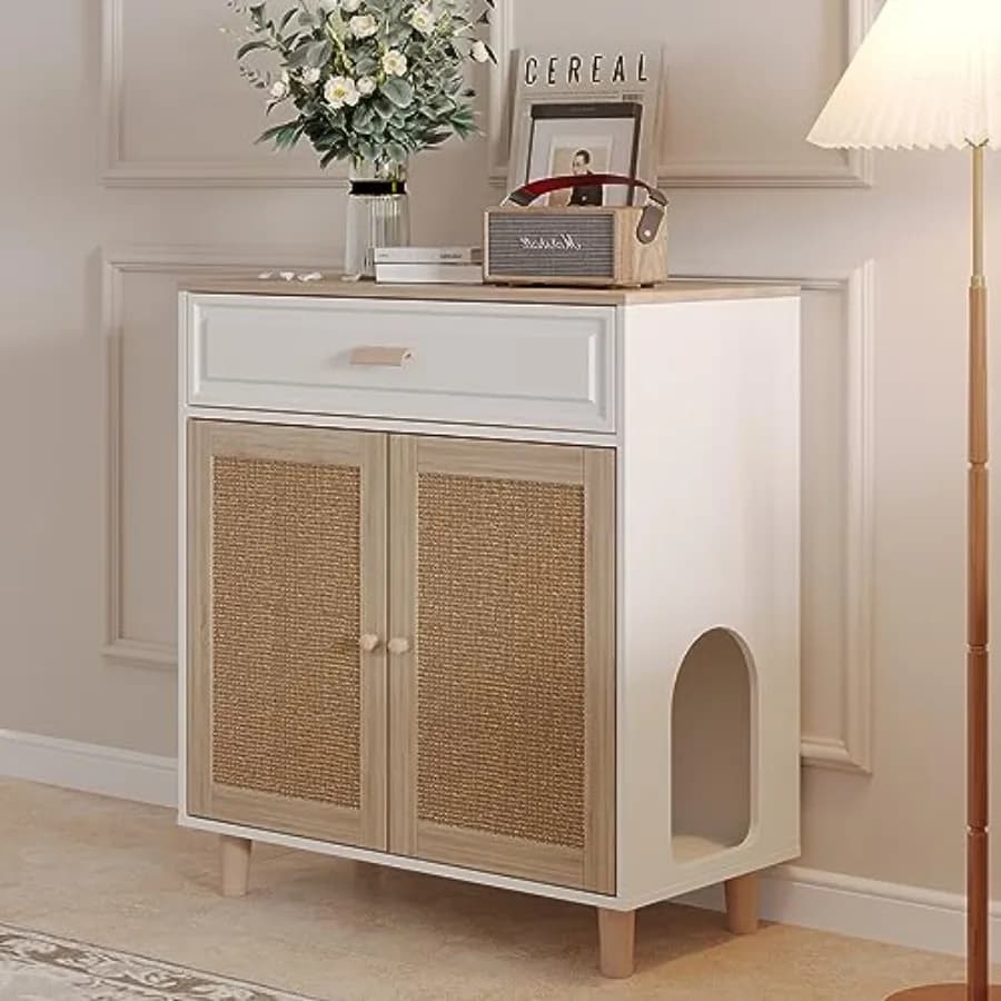Mobiletto per lettiera per gatti in legno, a scomparsa per interni, 2-in-1, con lettiera, casa per gatti, lavatoio, porta e cassetto con trottola