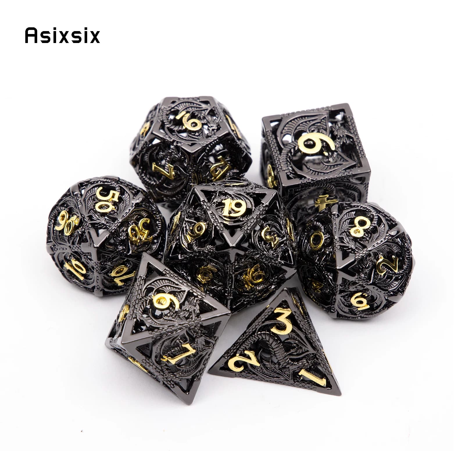 Set di 7 Dadi in Metallo Nero e Oro a Forma di Drago, Dadi Poliedrici Cavi Adatti per Giochi di Ruolo, Giochi da Tavolo e Giochi di Carte