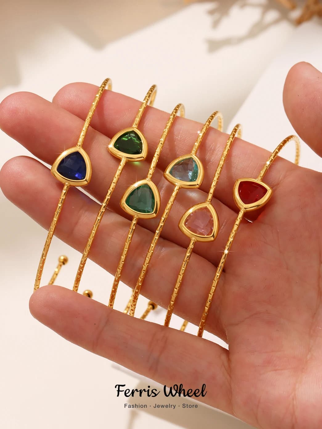 Ferris Wheel Colorful Triangle Stainless Steel Bracelet for Women Luxury Czech Glass Gold Plated Cuff Open Bangle Charm Jewelry